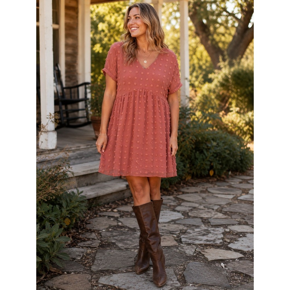 KIRUNDO Women's Large Dusty Rose Swiss Dot Babydoll Dress V Neck Boho
